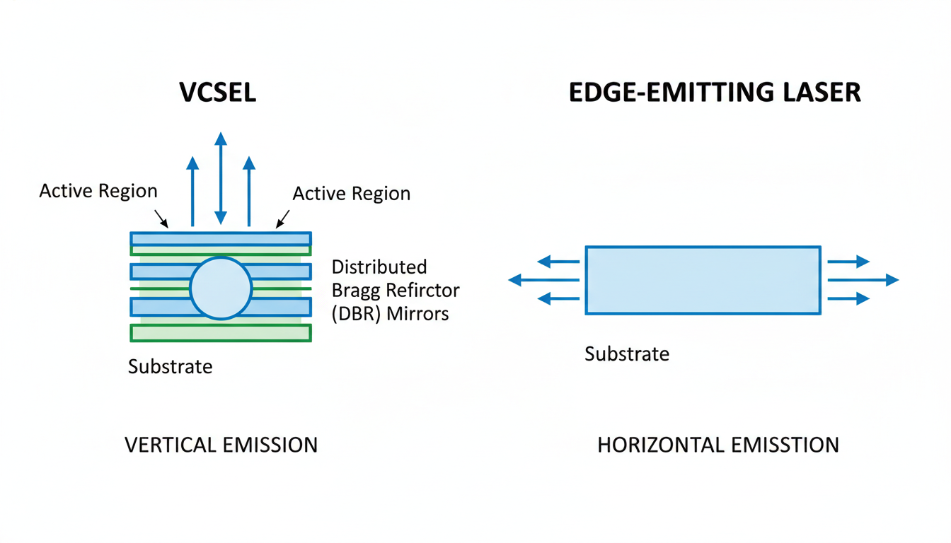 Simplified comparison diagram of VCSEL vs edge-emitting laser emission directions Alt Text: VCSEL vertical emission compared to edge-emitting laser structure