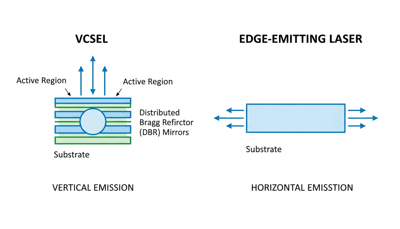 Simplified comparison diagram of VCSEL vs edge-emitting laser emission directions Alt Text: VCSEL vertical emission compared to edge-emitting laser structure