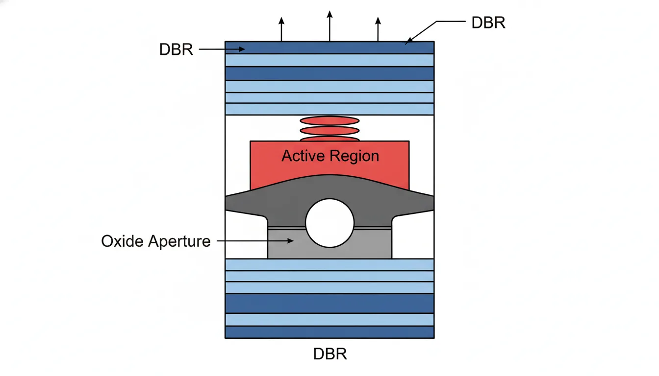 Internal structure of a VCSEL including DBR mirrors and quantum wells
