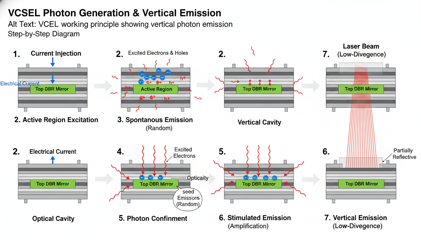 Step-by-step diagram illustrating VCSEL photon generation and vertical emission Alt Text: VCSEL working principle showing vertical photon emission