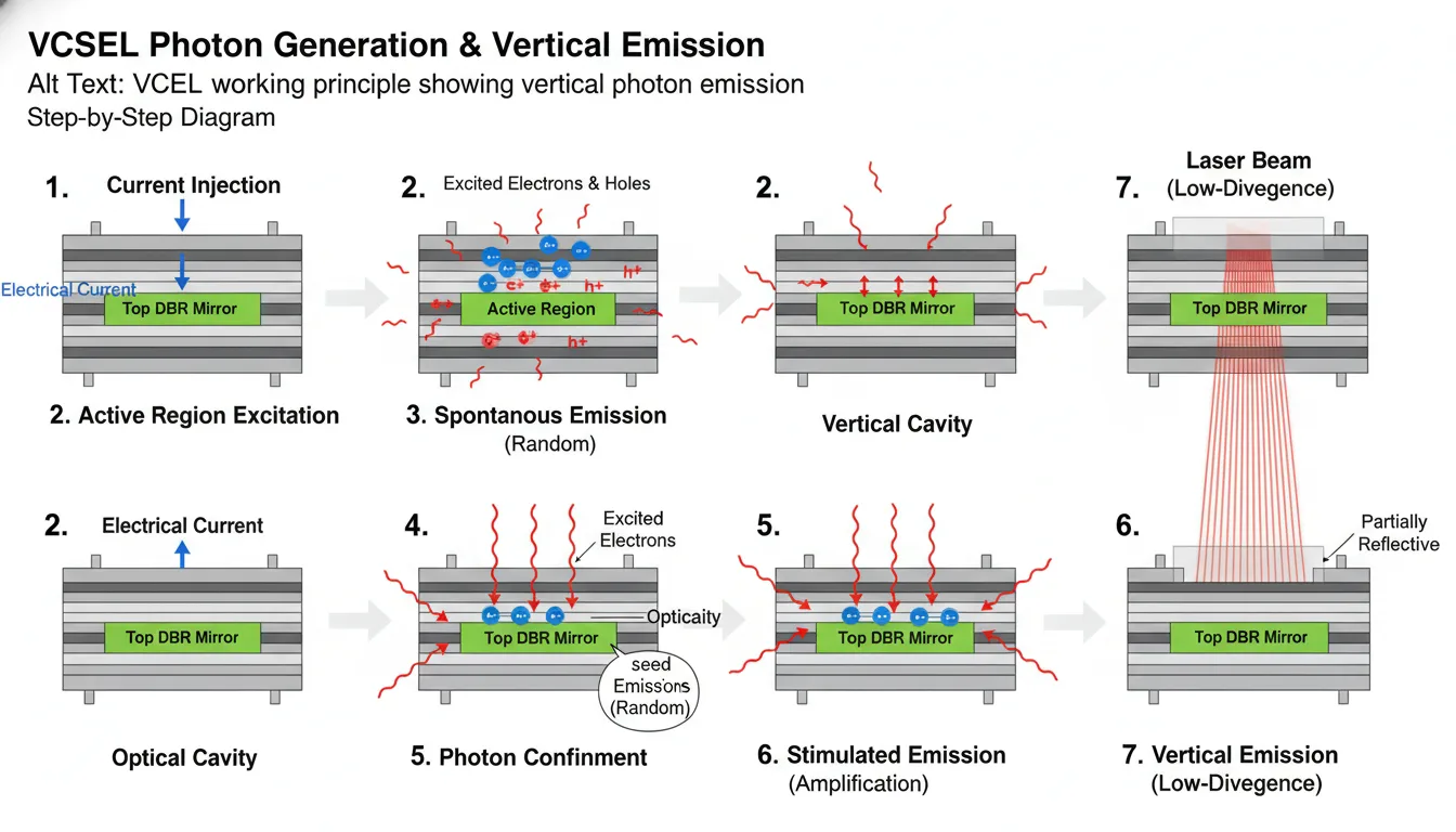 Step-by-step diagram illustrating VCSEL photon generation and vertical emission Alt Text: VCSEL working principle showing vertical photon emission