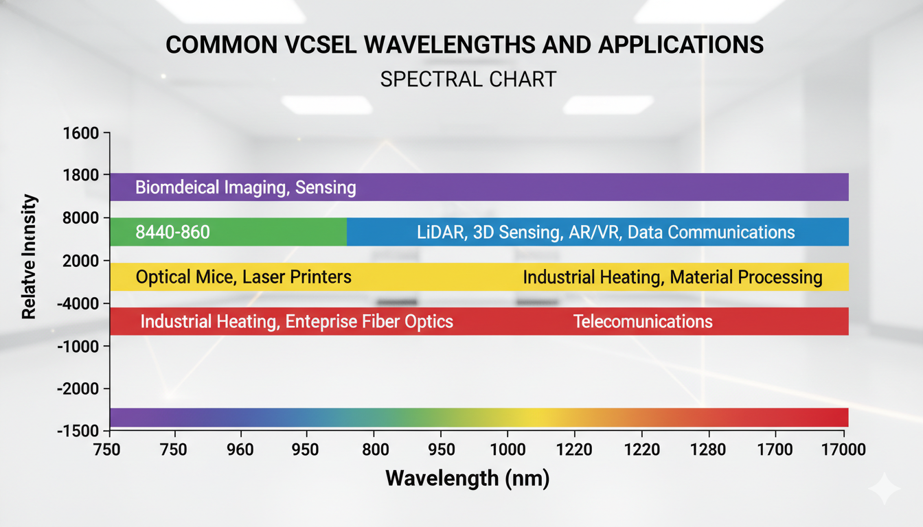 VCSEL wavelength ranges and corresponding applications